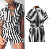 BONSIR  -  Men's Striped Rompers Streetwear Fashion Casual Playsuits Short Sleeve Button Lapel Jumpsuits Drawstring Boxers Shorts Bodysuits
