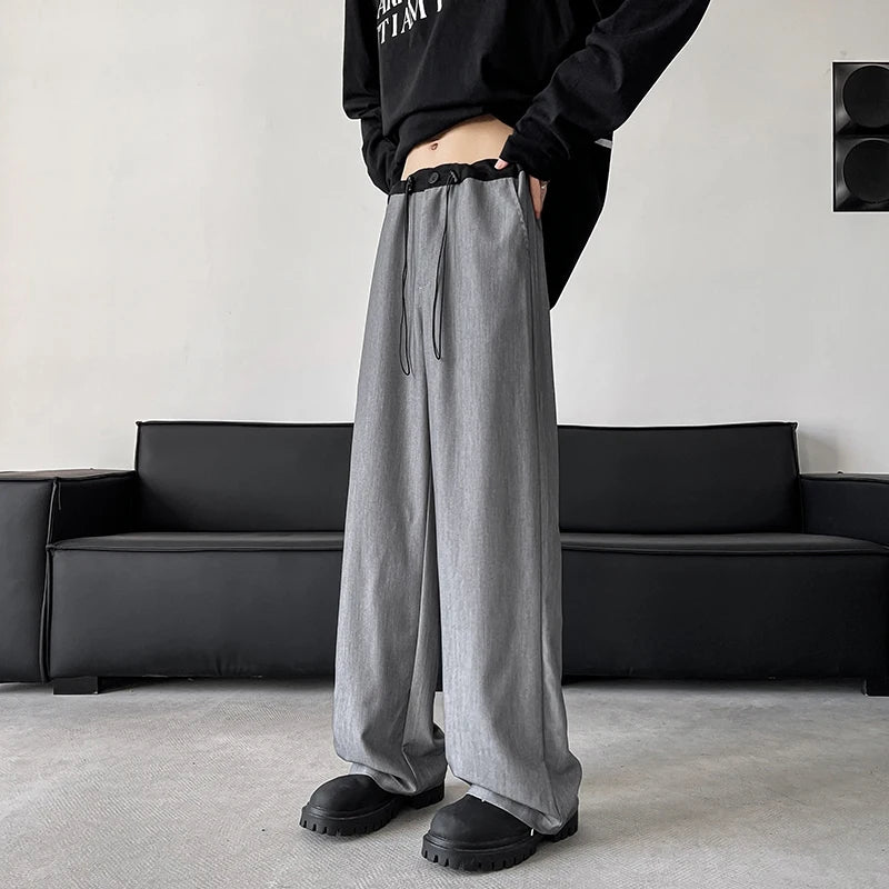 Bonsir Blue/Gray/Black Elastic Waist Suit Pants Men Fashion Society Pants Korean Loose Straight Casual Pants Mens Office Trousers