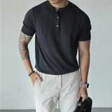 BONSIR  -  New Fashion American Style Men T-shirt Light Luxury Knitted Henry Collar Tees Casual Solid Color Short Sleeve Breathable Tops
