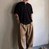 BONSIR  -  Vintage Striped Ribbed Knit T Shirts Mens Casual Henley Collar Buttoned T-shirt Men Spring Summer Fashion Slim Half Sleeve Tees