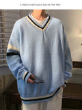 BONSIR  -  Preppy V-neck Sweater for Men Couples Pullovers Ins Knitted Top Autumn Korean Trendy Loose-fit Line Clothes for Students Youth