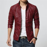 Bonsir New Mens Fashion PU Leather Jacket Men Stand Collar Slim Biker Jacket High Quality Men Coat Solid Color Leather  Jacket