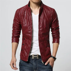 Bonsir New Mens Fashion PU Leather Jacket Men Stand Collar Slim Biker Jacket High Quality Men Coat Solid Color Leather  Jacket