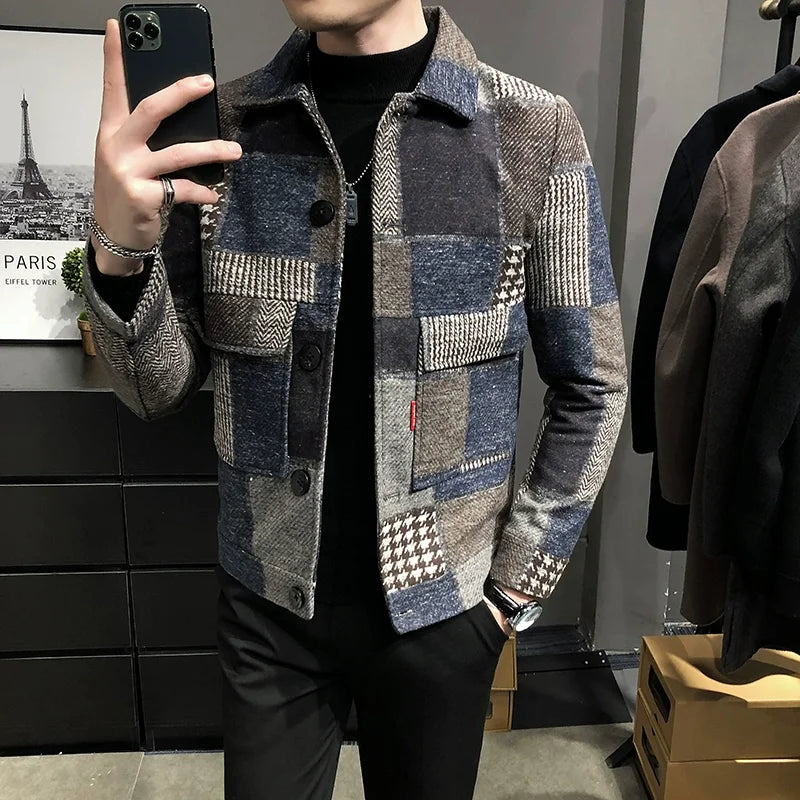 Bonsir Autumn Winter New Woolen Plaid Coat Jackes Men Business Casual Slim Fit Jackets Streetwear British Style Party Blazers