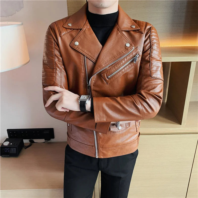 Bonsir Autumn New Oblique Zipper Motorcycle Leather Jacket Men Brand Short Slim Fit Lapel Pu Leather Coat Jackets Streetwear 4XL-M