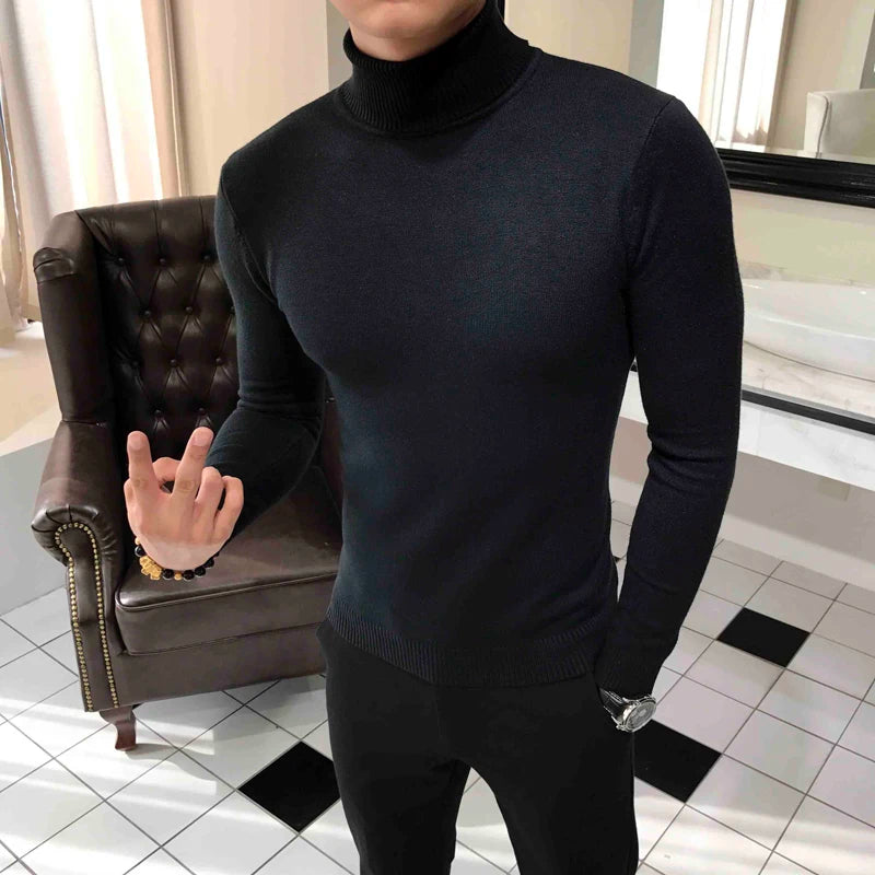 Bonsir Fall/Winter Men's Turtleneck Sweater Fashion Striped Solid Color Warm Knitted Sweater Men Double Collar Slim Fit Sweaters