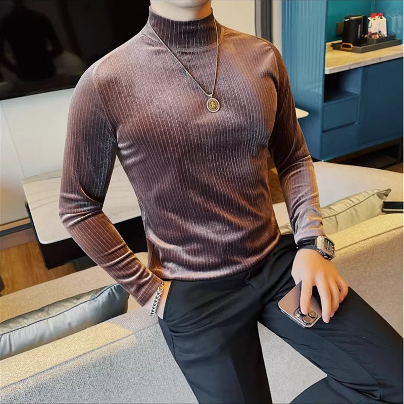 Bonsir Autumn Winter Saddle Shoulder Corduroy T Shirts Korean Luxury All Match Elastic Stripe Slim Fit Men's Long Sleeve Tees