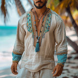 BONSIR  -  Ethnic Mens Linen Shirt Autumn Long Sleeve Male Clothing Fashion Streetwear V-Neck Print Men Blouse Tops Plus Size Causal Shirt