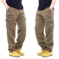 Bonsir Cargo Brown Pants Men Loose Overalls Men's Outdoor Military Tactical Pant Elastic Waist Pure Cotton Casual Work Pants Trousers