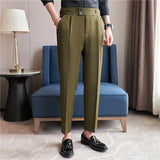 Bonsir British Style Summer New High Waist Casual Pant Men With Elastic Waistline Design Suit Pants Social Wedding Party Formal Pants