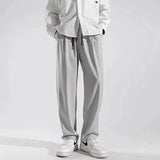 BONSIR  -  Summer Fashion Thin Ice Silk Loose Straight Pants Men Solid Elastic Waist Drawstring Pocket Casual Ventilate Wide Leg Trousers