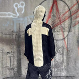 Bonsir Mens Sweater Black White Contrast Cross Hollow Sweater Autumn Streetwear Fashion All-Match Trend Long-Sleeved Top Men'S Clothing