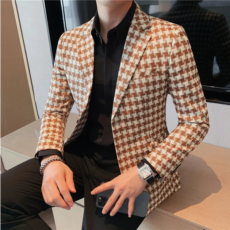 Bonsir British Style Mens Houndstooth Slim Fit Blazers New Simple Slim Fit Business Dress Coats Groom Wedding Tuxedo Suit Jacket