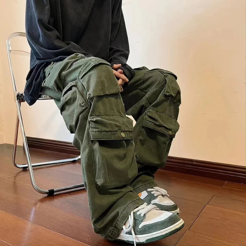 Bonsir Y2k  Hip-hop Cargo Pants Multi-pockets Tooling Pant Harajuku Men's Vintage Loose Wide Leg Pants Streetwear Casual Trousers