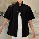 Bonsir Mens Stand Collar Functional Shirt Spring Summer Zipper Short Sleeve Shirts Tops Fashion Street Solid Original Design Blouse
