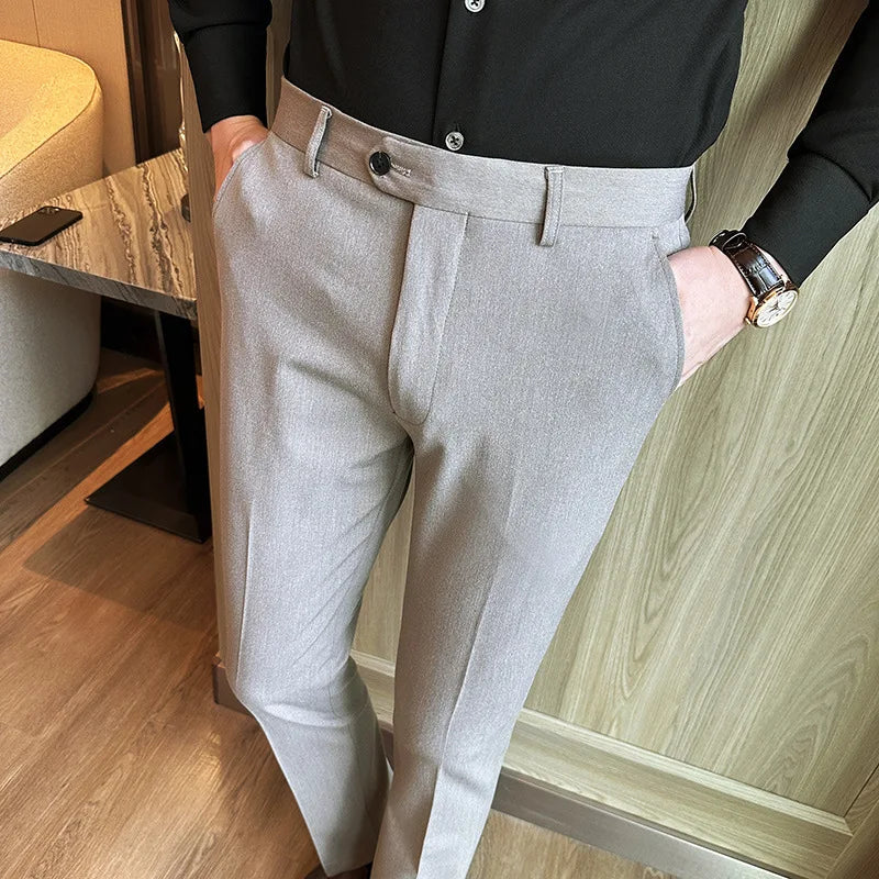 Bonsir Autumn New High Waist Solid Casual Dress Pants Men High Quality Slim Suit Pants Formal Wedding Social Party Trousers