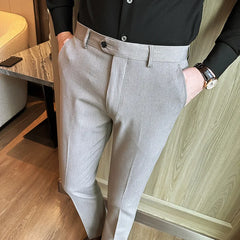 Bonsir Autumn New High Waist Solid Casual Dress Pants Men High Quality Slim Suit Pants Formal Wedding Social Party Trousers