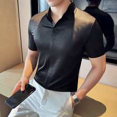 Bonsir New Chinese Style Fashion Jacquard Traceless V Neck Polo Shirt Men Lapel Thin Short Sleeve Lapel Slim Fit Breathable Tee