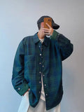 BONSIR  -  autumn new loose couple style retro green plaid long-sleeved shirt jacket men