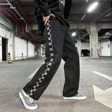 Bonsir Men and women hip-hop street trend straight leg personalized plaid design elastic waist tied jeans retro loose casual pants y2k