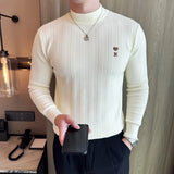 Bonsir Autumn Winter New Half High Collar Striped Sweater Men Long Sleeve Slim Fit Casual Knitted Stretch Pullovers Men's Clothing