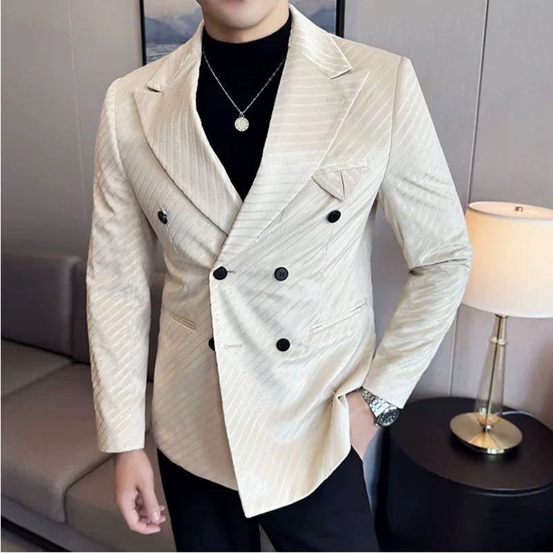 Bonsir Velvet Twill Double Breasted Suit Jacket Men 2024 New Business Casual Slim Blazer Formal Wedding Party Suit Coats Men Clothing