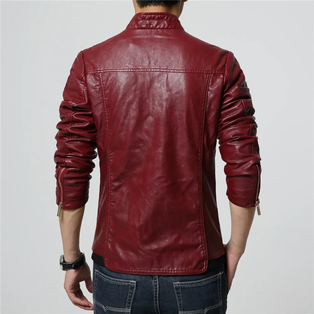 Bonsir New Mens Fashion PU Leather Jacket Men Stand Collar Slim Biker Jacket High Quality Men Coat Solid Color Leather  Jacket