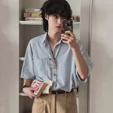 BONSIR  -  Japanese retro striped short-sleeved shirt men's summer loose casual shirt Korean version trendy lapel top