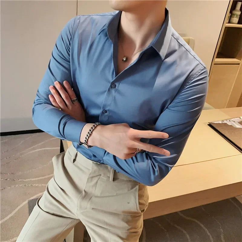 Bonsir 9 Colors High Quality Men Shirt Autumn New Long Sleeve Solid Business Slim Fit Shirts Homme Dress Social Casual Shirt 4XL-M