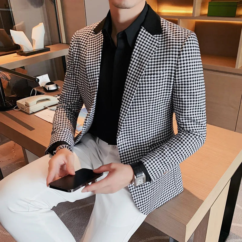 Bonsir Autumn Winter Korean  Houndstooth Blazer Jackets Fashion Color Matching Lapel Design Casual Men's Plaid Suit Coat Tuxedo