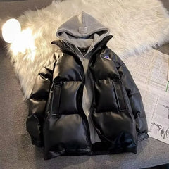 Bonsir Winter Fake Two-Piece Hooded Cotton-Padded Coat Style Loose PU Leather Cotton-Padded Coat