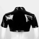 Bonsir Mens Sexy Glossy Leather Short-sleeved Shirt Erotic Shaping Sheath Latex Tops Casual T-shirts Shiny Short Leather Jacket Sexi