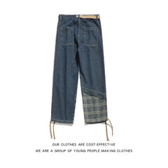 Bonsir Japanese Retro Splicing Jeans Autumn Niche High Street Causal Loose Drawstring Wide-leg Overalls Men Trousers Male Clothes