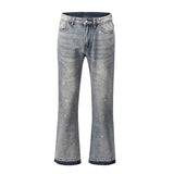 Bonsir High Street Washed Color Match Frayed Micro-flared Jeans Mens Straight Spliced Retro Loose Casual Denim Pants Hip Hop Trousers