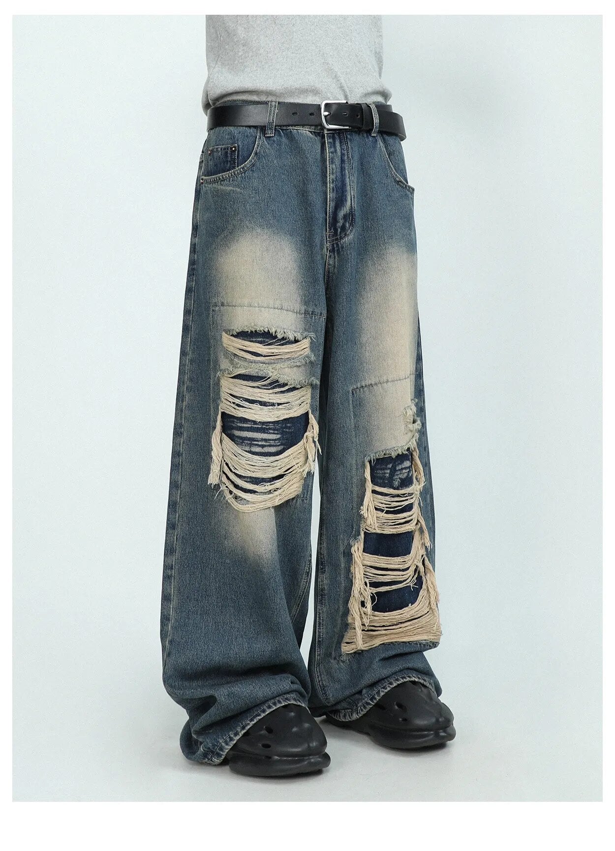 Bonsir American High end Perforated Denim Pants for Men's Design Sense Small and Loose Wide Leg Straight Leg Pants hiphop