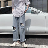 Bonsir Spring and Summer New Men's Torn Jeans Street Hip-hop Loose Wide Leg Pants Thin Fur Pants Brand Men's Clothing Ripped