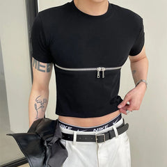 Bonsir 2024 Men T Shirt Zipper Solid Color O-neck Short Sleeve Fashion Men Crop Tops Summer Streetwear Casual Camisetas Navy Navel Tees