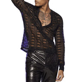 Bonsir Mens T-Shirt Fishnet See-Through Sexy T-Shirt Nightclub Party Streetwear Fashion Shaping V-Neck Long Sleeve Top Men'S Clothing
