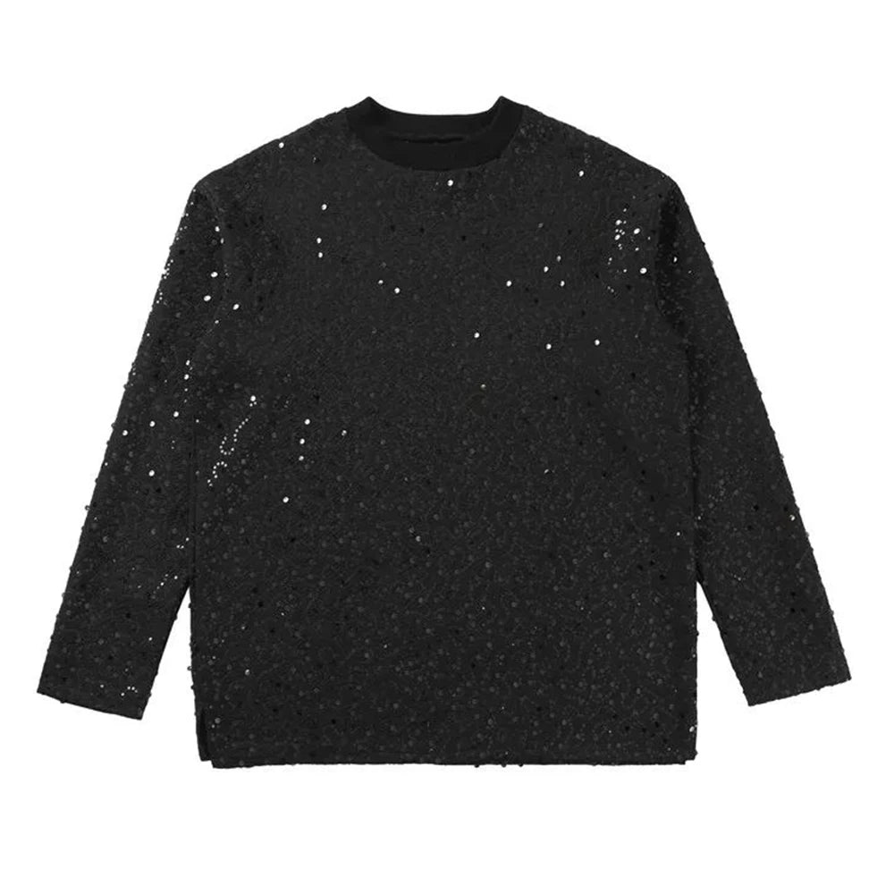 Bonsir Mens Autumn Y2k Sequined Korean Style Loose Long-Sleeved T-Shirt Autumn Genderless Nightclub Personalized Fashion Tops Unisex