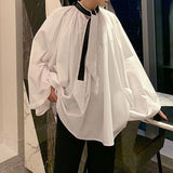 BONSIR  -  Design Black White Contrast Tie Decoration Men's Loose Pullover Wide Sleeve Shirt Korean Street Fashion Dance Party Luxury Shirt
