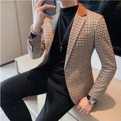 Bonsir Autumn Winter Korean  Houndstooth Blazer Jackets Fashion Color Matching Lapel Design Casual Men's Plaid Suit Coat Tuxedo