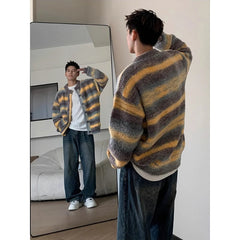 Bonsir American striped patchwork knitted cardigan sweater men's autumn winter loose long sleeved jacket top