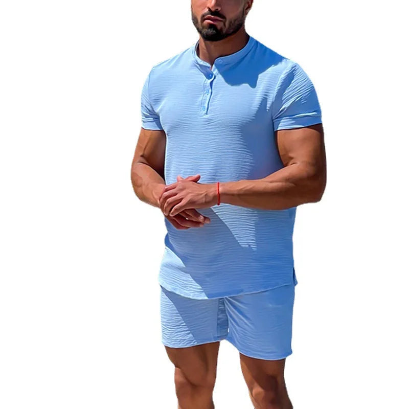 Bonsir Men Outfit Set Men's Short Sleeved T-shirt and Shorts Two-piece Sports Casual Solid Color Cotton Linen Men's Set