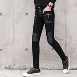 Bonsir Men Black Faux Leather Pants Slim Fit Denim Stitching PU Riding Leather Pant High Quality Fashion Men Jeans Streetwear