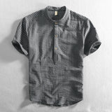 BONSIR  -  Men's Casual Cotton Shirt Short Sleeve Blouse Tops Summer Botton Pinstripe Holiday Shirt Comfortable Handsome Men Henley Shirt