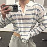 BONSIR  -  New Japanese Striped Male Polo Shirt Trendy Loose V Neck Knitted Long Sleeve T-shirt Casual Lazy Sports Fitness Basic Tops M-3XL