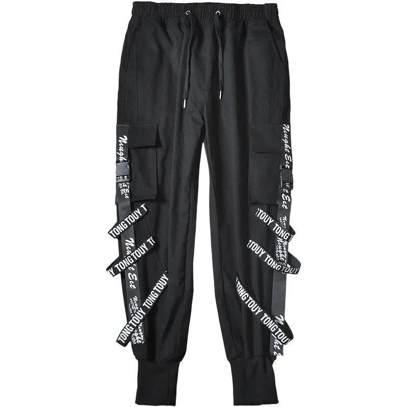 Bonsir Techwear Cargo Pants Men Joggers Black Cargo Trousers for Men Jogging Japanese Streetwear Hip Hop Hippie Gothic Ribbon