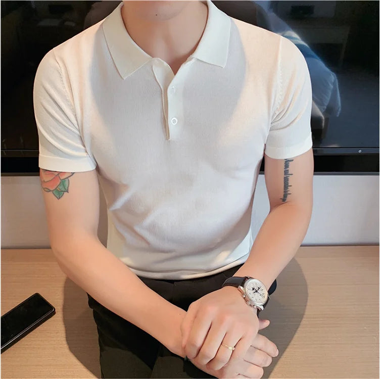 Bonsir British Style Summer Knitted Polo Shirt Solid Color Slim Fit Stretch Short Sleeve T-shirt Men Business Social Polos Streetwear