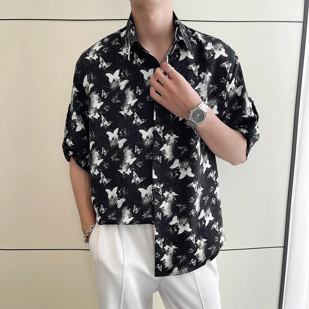 Bonsir Men's Korean Butterfly Printed Shirt Seaside Vacation Casual Tops Beach Clothing short-sleeved shirts youth personality tops