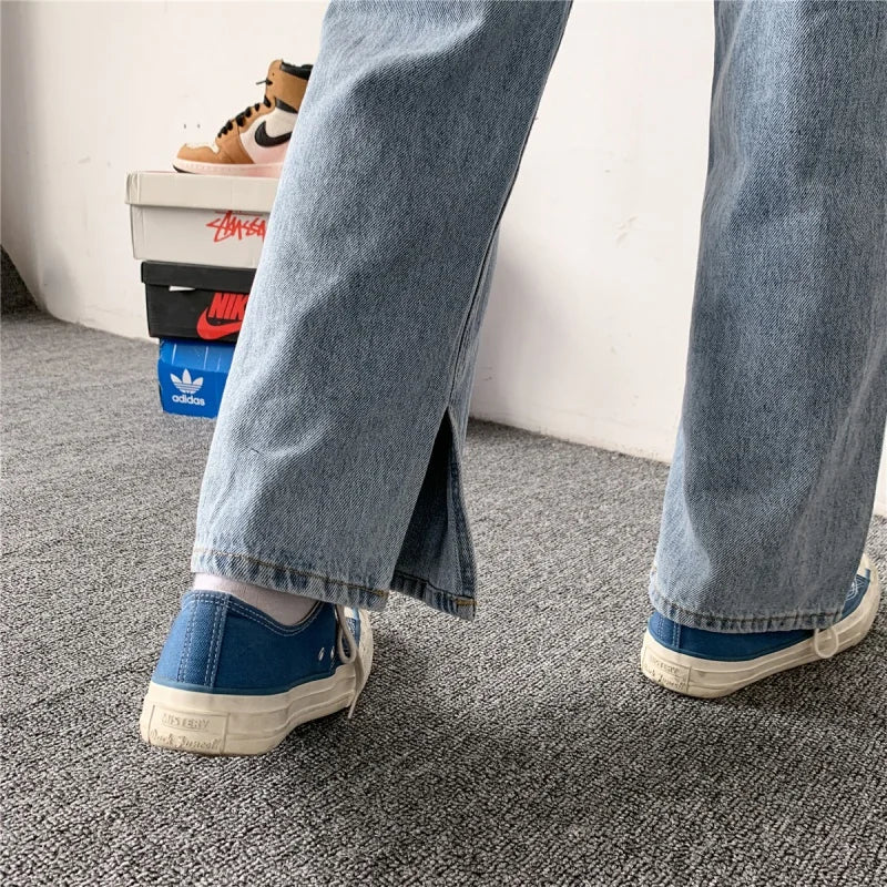 Bonsir Blue Jeans Men Loose Straight Leg Split Pants Spring New Casual Streetwear Pants Korean Kpop Clothes Simple All-match Trousers